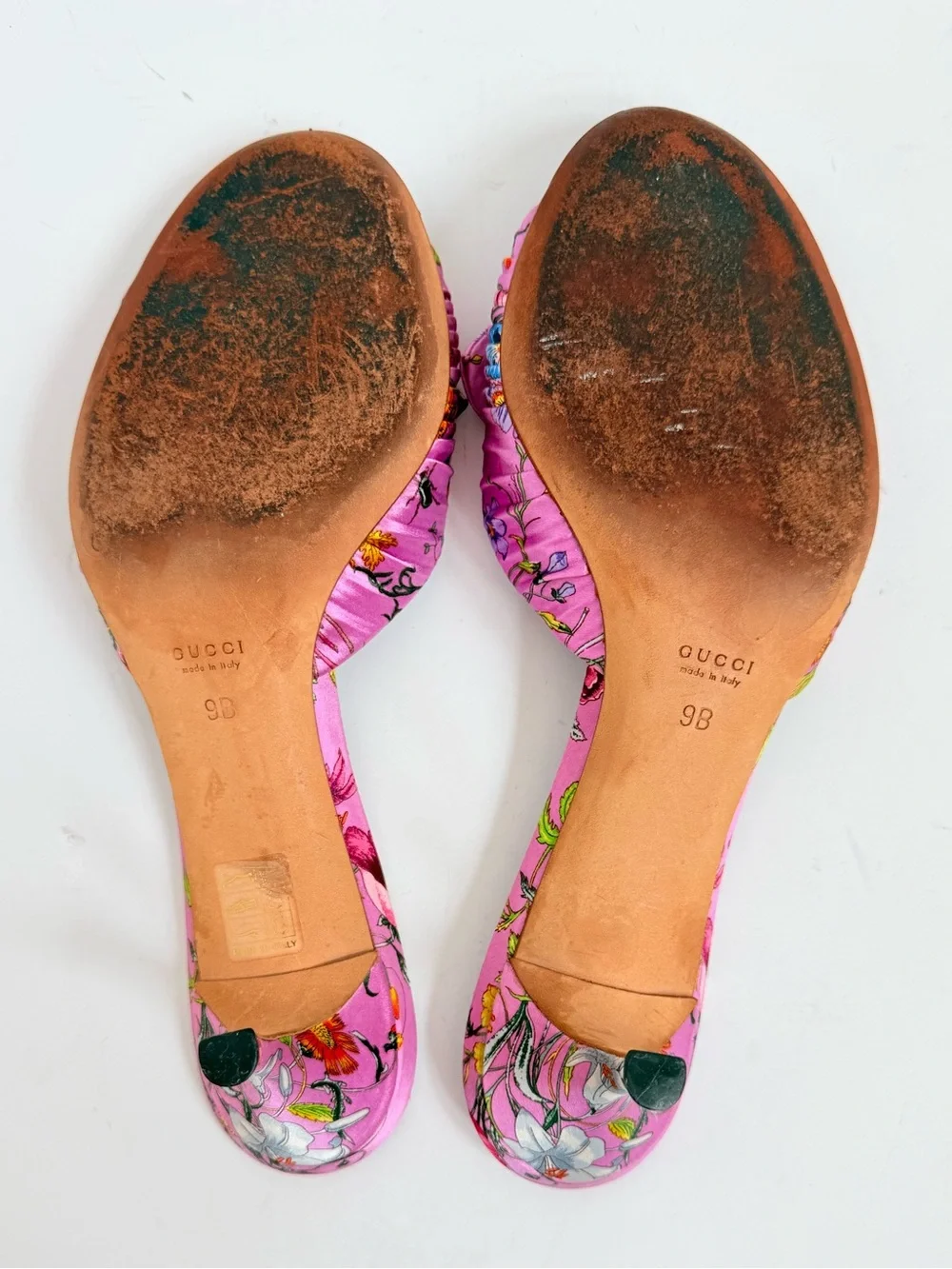 Gucci Flora Satin Bow Mule Heels Pink Cyclamen Floral Sandals US 9 Vintage Y2K - Picture 9 of 13